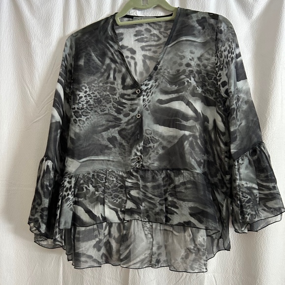 Lola Animal Print Silk 3/4 Bell Sleeve Button Down Sheer Blouse, Size S - Picture 1 of 9